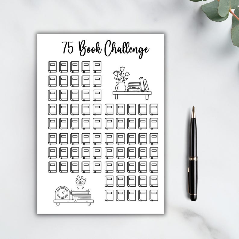 Puede incluir: Un modelo imprimible de desaf&iacute;o de lectura de 75 libros con un dise&ntilde;o en blanco y negro. El modelo presenta una estanter&iacute;a con libros, una planta en maceta y un reloj.