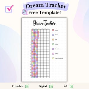Può includere: Un tracker dei sogni stampabile con una griglia di 30 quadrati, ognuno dei quali rappresenta un giorno del mese. I quadrati sono codificati a colori per rappresentare diversi stati d'animo dei sogni: felice, divertente, triste, spaventoso, senza senso, strano e non ricordo.