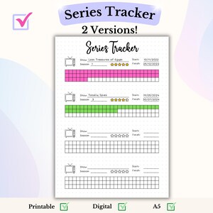 Op de afbeelding: Printbare serie tracker met twee versies. De tracker heeft een tv-icoon, ruimte voor de naam van de serie, het seizoensnummer, start- en einddatum en een beoordelingssysteem met vijf sterren. De tracker is ontworpen om je te helpen de series bij te houden die je bekijkt.