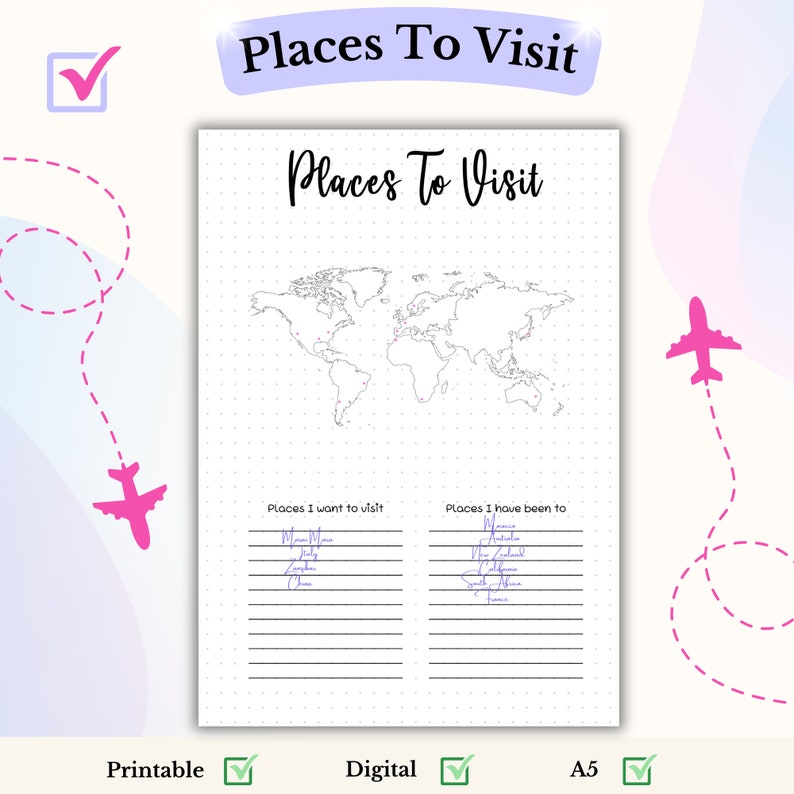 Visit Tracker Chart Places to Visit A5 Travel Tracker Printable, Travel Log Journal, Travel ...