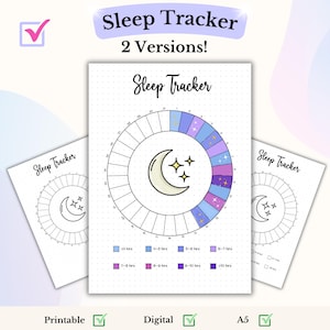 Op de afbeelding: Printbare en digitale slaaptracker met een maan- en sterrenontwerp. De tracker is een cirkel die is verdeeld in secties om slaapuren bij te houden. De secties zijn kleurgecodeerd van 4 tot meer dan 10 uur.