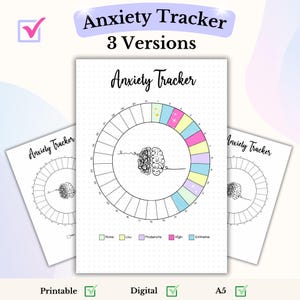 Puede incluir: Seguimiento de ansiedad imprimible con tres versiones. El seguimiento es un círculo dividido en secciones con una ilustración de cerebro en el centro. Las secciones están etiquetadas como "Ninguno", "Bajo", "Moderado", "Alto" y "Extremo".