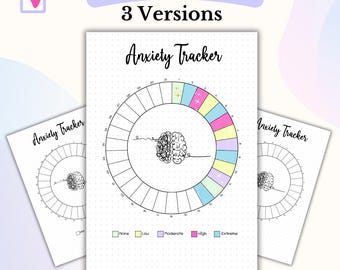 May include: Printable anxiety tracker with three versions. The tracker is a circle divided into sections with a brain illustration in the center. The sections are labeled "None", "Low", "Moderate", "High", and "Extreme".