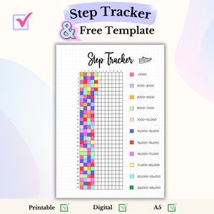 May include: A printable step tracker template with a grid of colored squares representing different step ranges. The grid is labeled with months and step ranges from less than 1,000 to 23,000-25,000 steps. The template is labeled "Step Tracker & Free Template".
