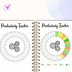 May include: A productivity tracker with a circular progress bar divided into 24 sections. The bar is filled with different colors to represent percentages: 0%, 25%, 50%, 75%, and 100%. The bar is filled in with green, yellow, and orange. The center of the circle features a graphic of three gears.