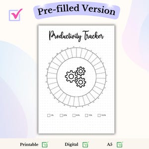May include: A black and white productivity tracker with a circle divided into 30 sections. The center of the circle has a graphic of three gears. The text "Productivity Tracker" is at the top of the page. Below the circle are five boxes with the percentages 0%, 25%, 50%, 75%, and 100%.