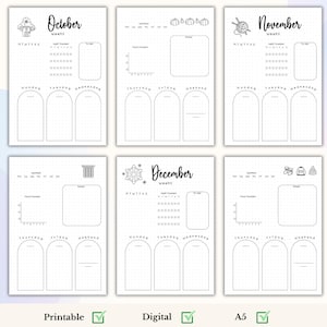May include: Printable and digital weekly planner pages with an autumn and winter theme. Each page features a different seasonal icon, such as a mushroom, pumpkin, yarn, snowflake, and winter boots. The pages are designed for bullet journaling and include sections for daily tasks, mood tracking, and weekly goals.