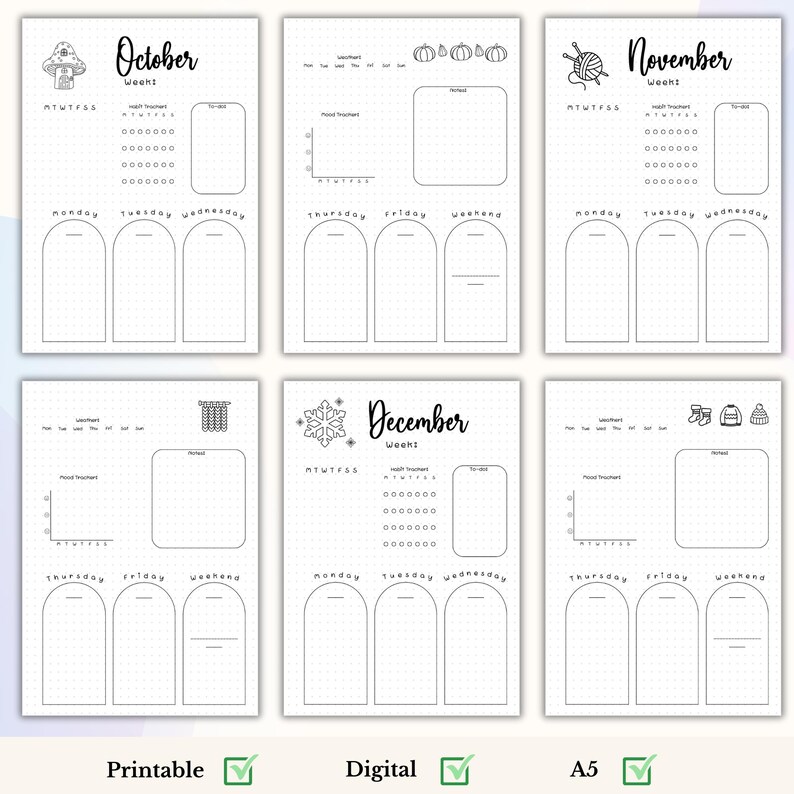 May include: Printable and digital weekly planner pages with an autumn and winter theme. Each page features a different seasonal icon, such as a mushroom, pumpkin, yarn, snowflake, and winter boots. The pages are designed for bullet journaling and include sections for daily tasks, mood tracking, and weekly goals.