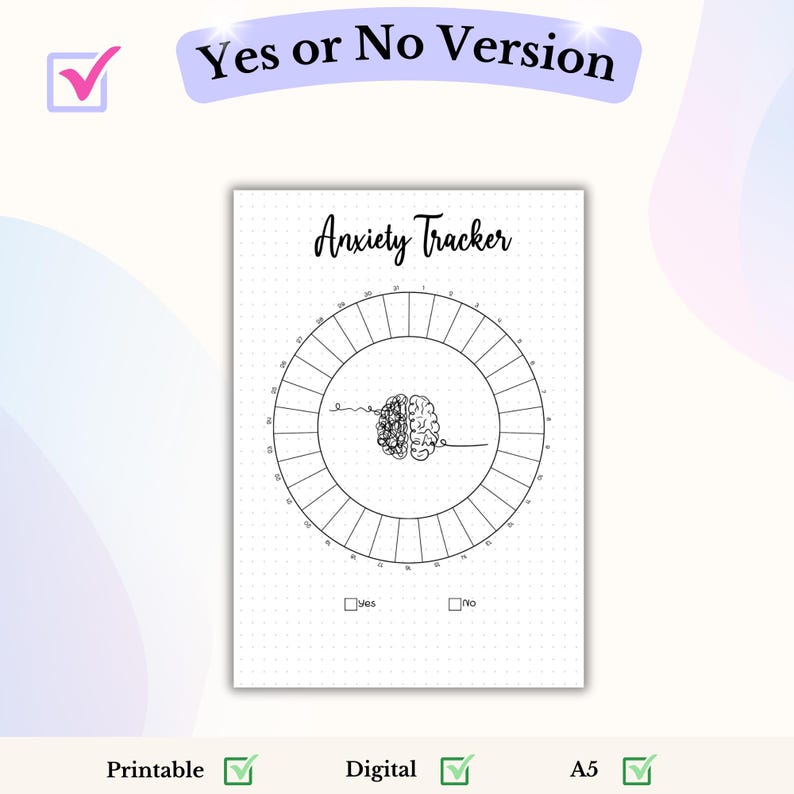 May include: Printable anxiety tracker with a brain graphic and a yes or no section. The tracker is designed to help you track your anxiety levels.