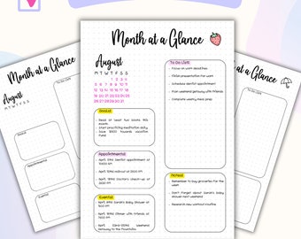 May include: A printable August monthly planner with a pink and white polka dot background. The planner includes sections for goals, appointments, events, and to-do lists. The month of August is displayed with the days of the week labeled. The planner also includes a strawberry graphic and a small umbrella graphic.