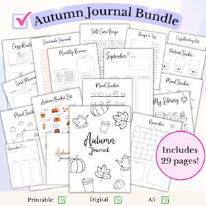May include: A printable and digital autumn journal bundle with 29 pages. The pages feature various designs including a mood tracker, a self-care bingo, a monthly review, a cozy reading list, a podcast tracker, a goal planner, an autumn bucket list, and a my library page. The pages are decorated with autumn-themed illustrations such as pumpkins, teapots, leaves, and coffee cups.