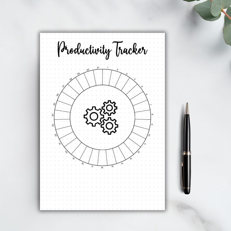 May include: A black and white printable productivity tracker with a circle divided into 30 sections. The center of the circle features a graphic of three gears. The text "Productivity Tracker" is at the top of the page.