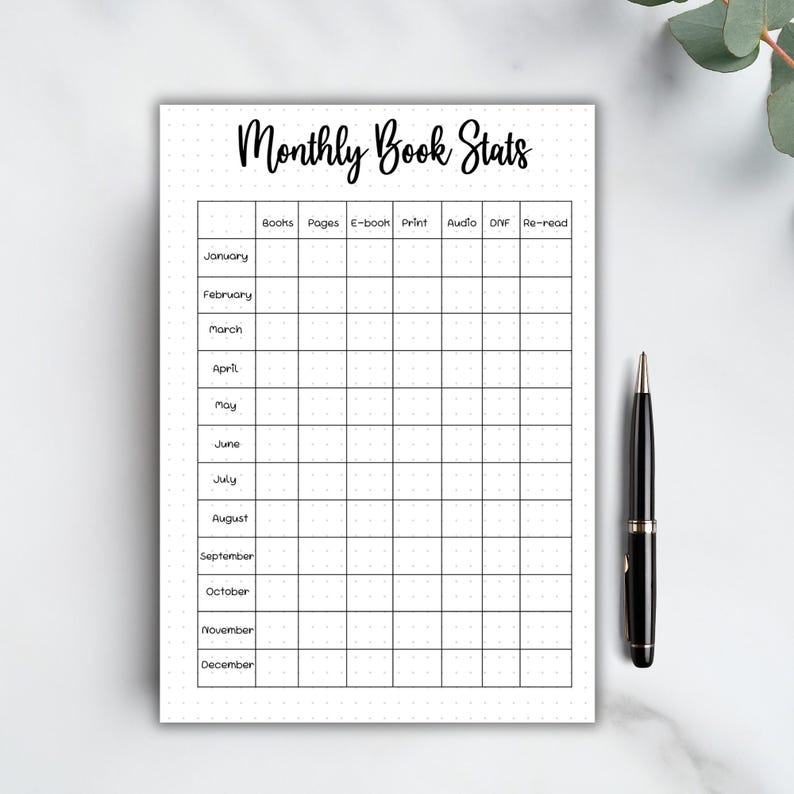 Monthly Book Stats Bullet Journal Printable Book Tracker Reading Log ...