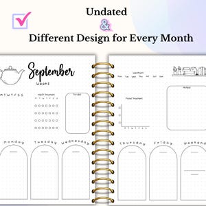 May include: Undated September monthly planner featuring a teapot illustration. The planner includes sections for habit tracking, to-do lists, mood tracking, weather, and notes. The daily sections are labelled Monday through Friday and Weekend.