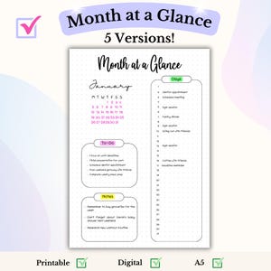 May include: A printable monthly planner with a pink and green color scheme. The planner includes a calendar, to-do list, and notes section. The text on the planner says "Month at a Glance" and "January".