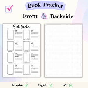 May include: Printable book tracker with a front and back page. The front page has a grid of eight book tracking sections with fields for author, genre, and comments. The back page is blank with dotted lines.