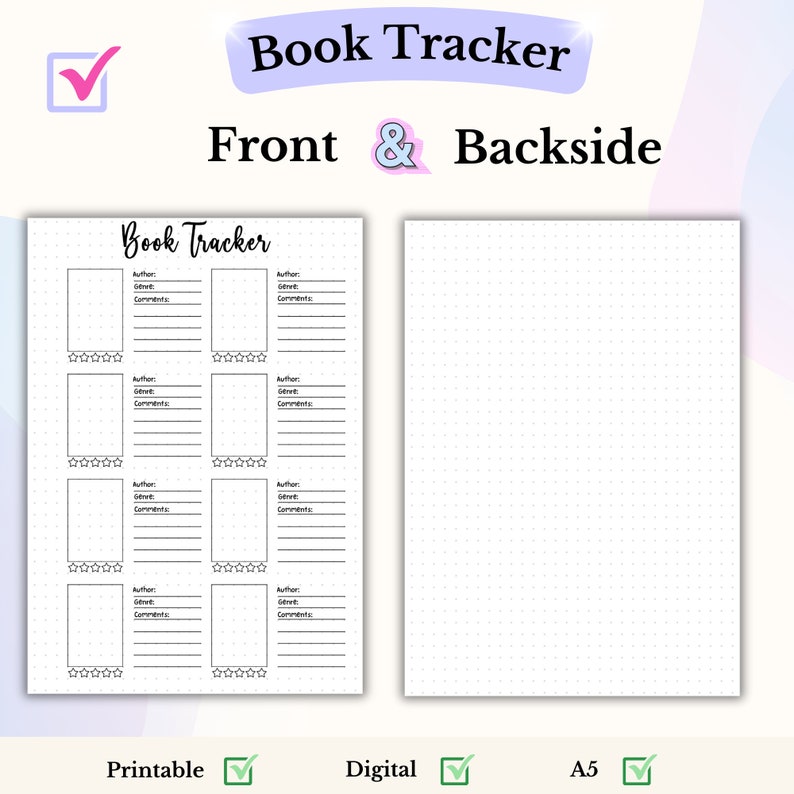 May include: Printable book tracker with a front and back page. The front page has a grid of eight book tracking sections with fields for author, genre, and comments. The back page is blank with dotted lines.