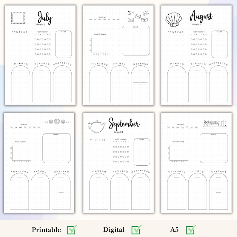 May include: Printable planner pages with a July, August, and September theme. Each page features a calendar, a to-do list, and a section for notes. The pages are decorated with simple illustrations.