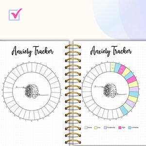 May include: A two-page spread of a journal with the title "Anxiety Tracker" on each page. Each page has a circle divided into 30 sections with a brain illustration in the center. The right page has a color key with the words "None", "Low", "Moderate", "High", and "Extreme".