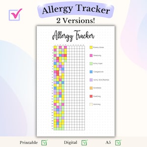 Op de afbeelding: Een printbare allergie-tracker met een raster voor elke maand van het jaar. De tracker bevat een legenda met verschillende gekleurde vakjes voor symptomen zoals loopneus, niezen, jeukende ogen, verstopping, jeukende huid/uitslag, pijn, zwelling en niets.