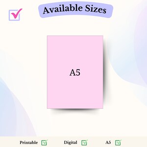Puede incluir: Un archivo descargable en formato A5, disponible para imprimir o en formato digital. El texto "Available Sizes" est&aacute; en la parte superior de la imagen. El texto "Printable", "Digital" y "A5" est&aacute;n en la parte inferior de la imagen con marcas de verificaci&oacute;n junto a cada uno.