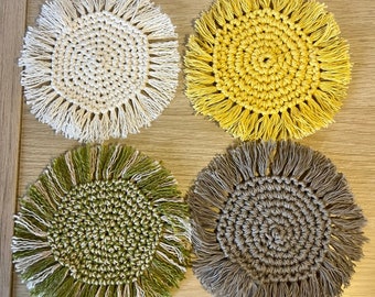 Boho Crochet Coasters, Fringe Coasters, Handmade Coasters, Boho Table Accessories, Round Coaster, Boho Table Mat, Eco-friendly coasters