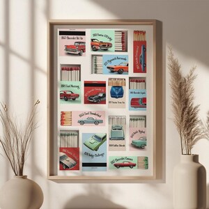 May include: A vintage-style poster featuring matchboxes with illustrations of classic cars from the 1950s and 1960s. Each matchbox features a different car model and year, including a 1957 Chevrolet Bel Air, a 1964 Ford Mustang, a 1955 Ford Thunderbird, a 1967 Pontiac Firebird, and a 1962 Chevrolet Corvair.