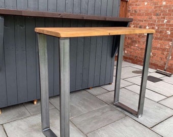 Industrial Wooden Breakfast Bar Table With Chunky Steel Rustic Style Legs