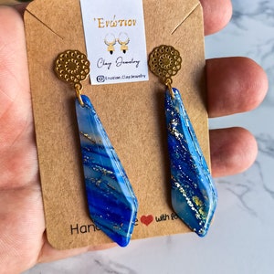 Dark blue and translucent polymer clay earrings with golden details/ Midnight Lady
