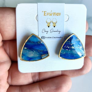 Dark blue and translucent triangle polymer clay earrings with golden details/ Midnight Party