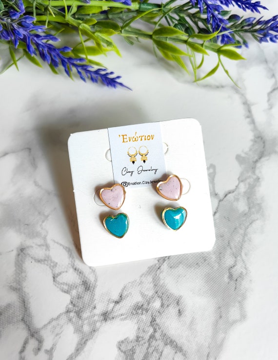 Boucles D'oreilles Puces Petits Cœurs - Laiton & émail Bleu Turquoise/rose - Hand Joy Créations