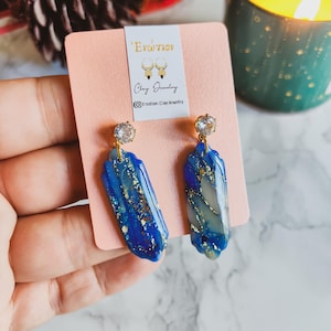 Dark blue and translucent polymer clay earrings with golden details/ Romantic Blue