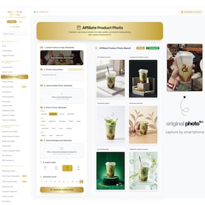 May include: A software interface titled Minimalistic AI VIP Studio featuring an Affiliate Product Photo tool. The dashboard displays input fields for product images, descriptions, and themes, alongside a grid of six AI-generated matcha tea images.