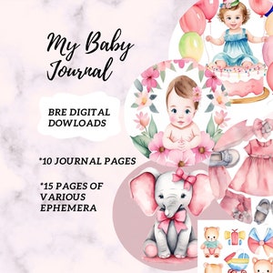 Kit di diario spazzatura rosa per bambina, bellissime pagine di diario. Oggetti effimeri del diario spazzatura digitale ad acquerello, con fiori, pagine stampabili di palloncini.