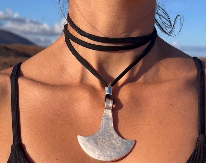 Boho Leather Wrap Choker, Ethnic Silver Pendant Necklace, Handmade