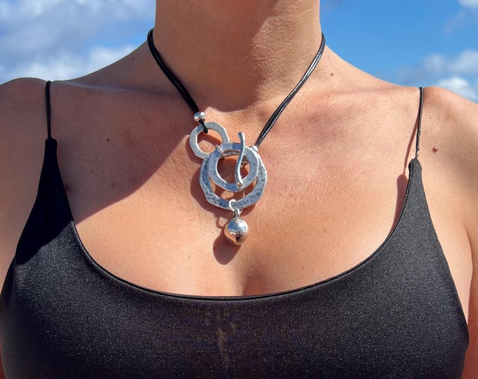 Handmade Silver Ring Pendant Necklace: Boho Leather Cord Necklace