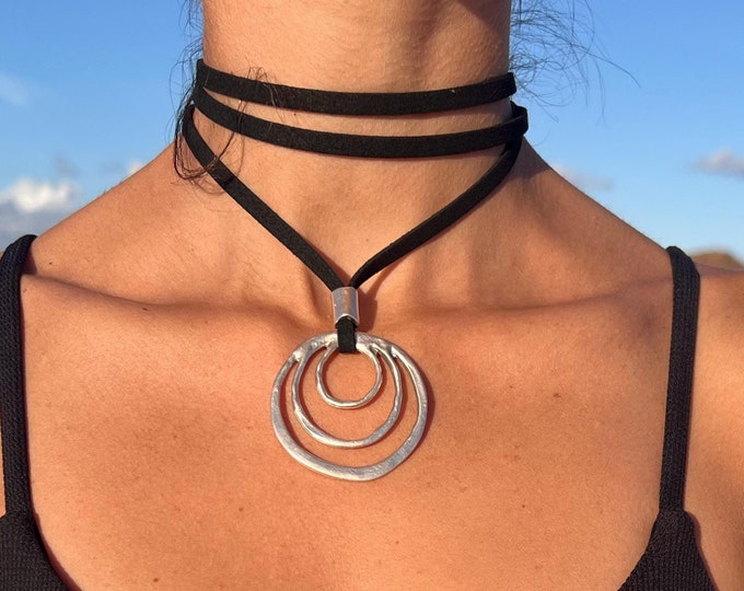 Silver Ring Leather Wrap Choker: Handmade Bohemian Necklace