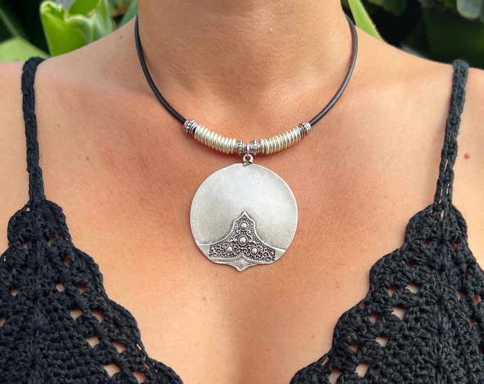 Boho Sterling Silver Pendant - Genuine Leather Choker Necklace