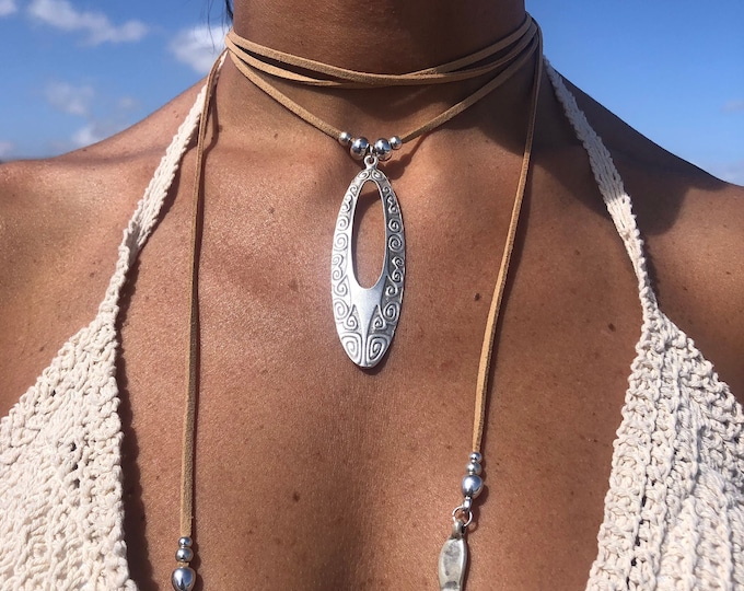 Boho Leather Wrap Necklace: Silver Pendant, Ethnic Tribal Jewelry