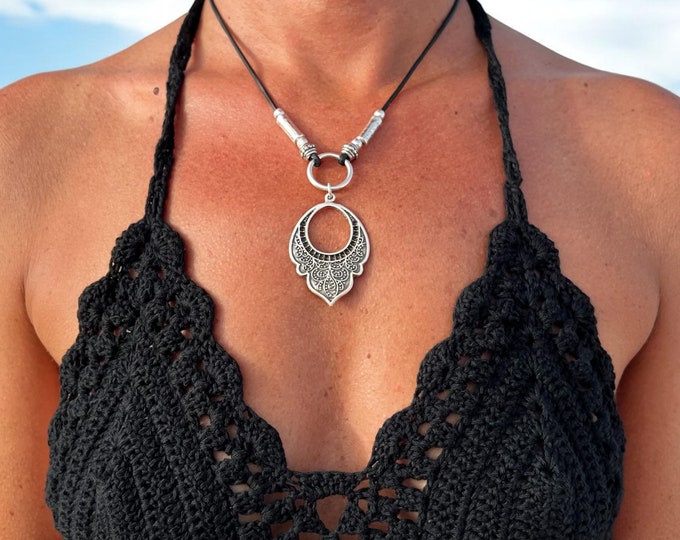 Boho Leather Choker Necklace: Engraved Silver Pendant, Handmade