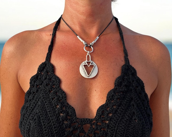 Boho Silver Pendant Necklace: Genuine Leather Choker, Handmade Jewelry
