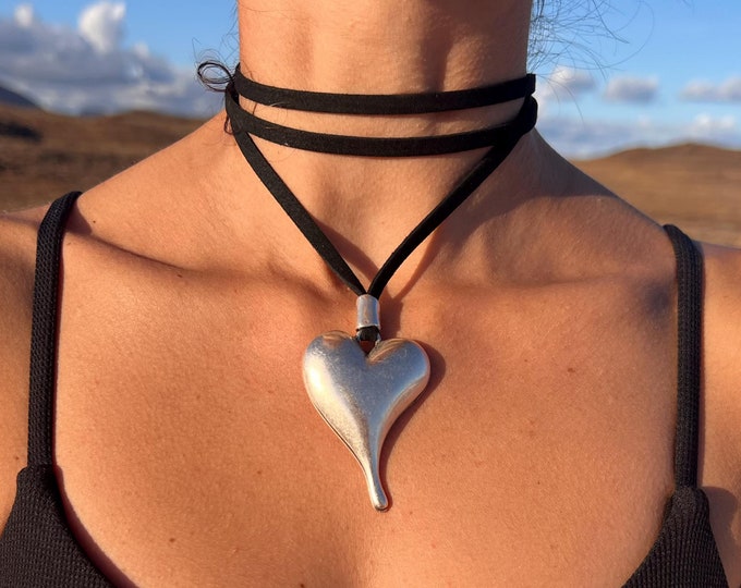 Silver Heart Leather Wrap Choker: Handmade Bohemian Necklace