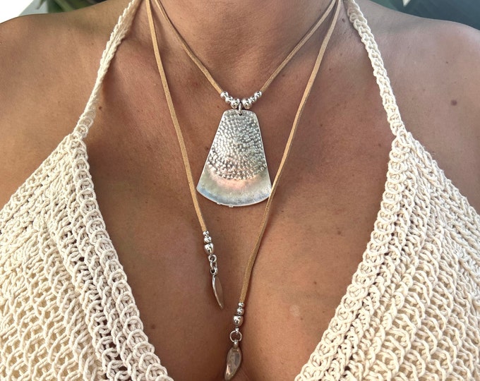 Silver Pendant Leather Wrap Necklace: Boho Ethnic Jewelry