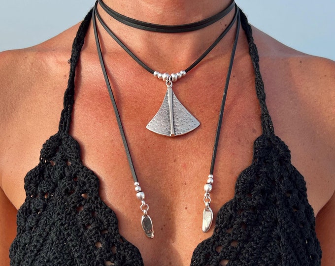 Hammered Silver Pendant Necklace: Ethnic Bohemian Leather Cord Jewelry