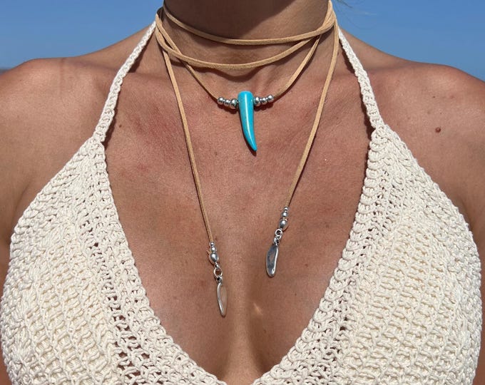 Turquoise Leather Wrap Necklace: Boho Lariat with Silver Beads