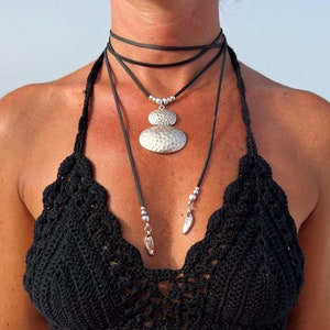 Hammered Silver Pendant Necklace: Handmade Leather Cord Bohemian Jewelry