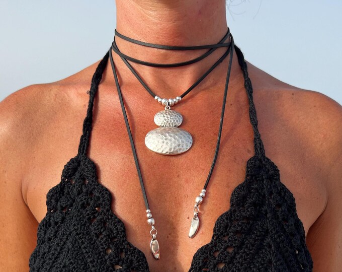 Hammered Silver Pendant Necklace: Handmade Leather Cord Bohemian Jewelry