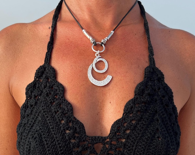 Handmade Silver Spiral Pendant: Leather Choker Necklace