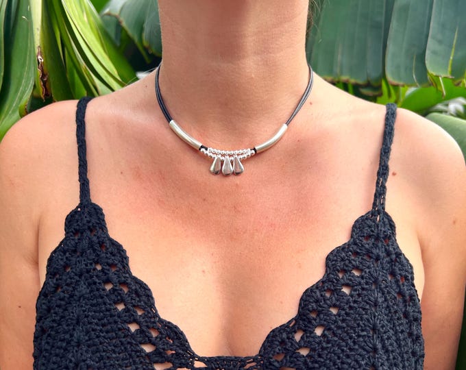 Silver Plated Leather Choker Necklace: Handmade Boho Jewelry