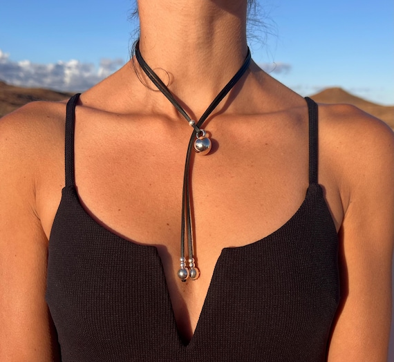 Minimalist Black Leather Lariat Necklace: Silver Ball Pendant, Adjustable Choker